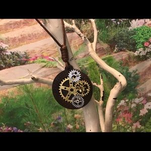 Steampunk wooden necklace long carved new handmade